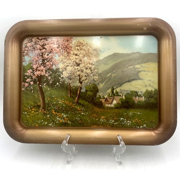 Vintage Metal Serving Tray Scenic Landscape Design Green Background & Rustic Fin - Picture 1 of 6